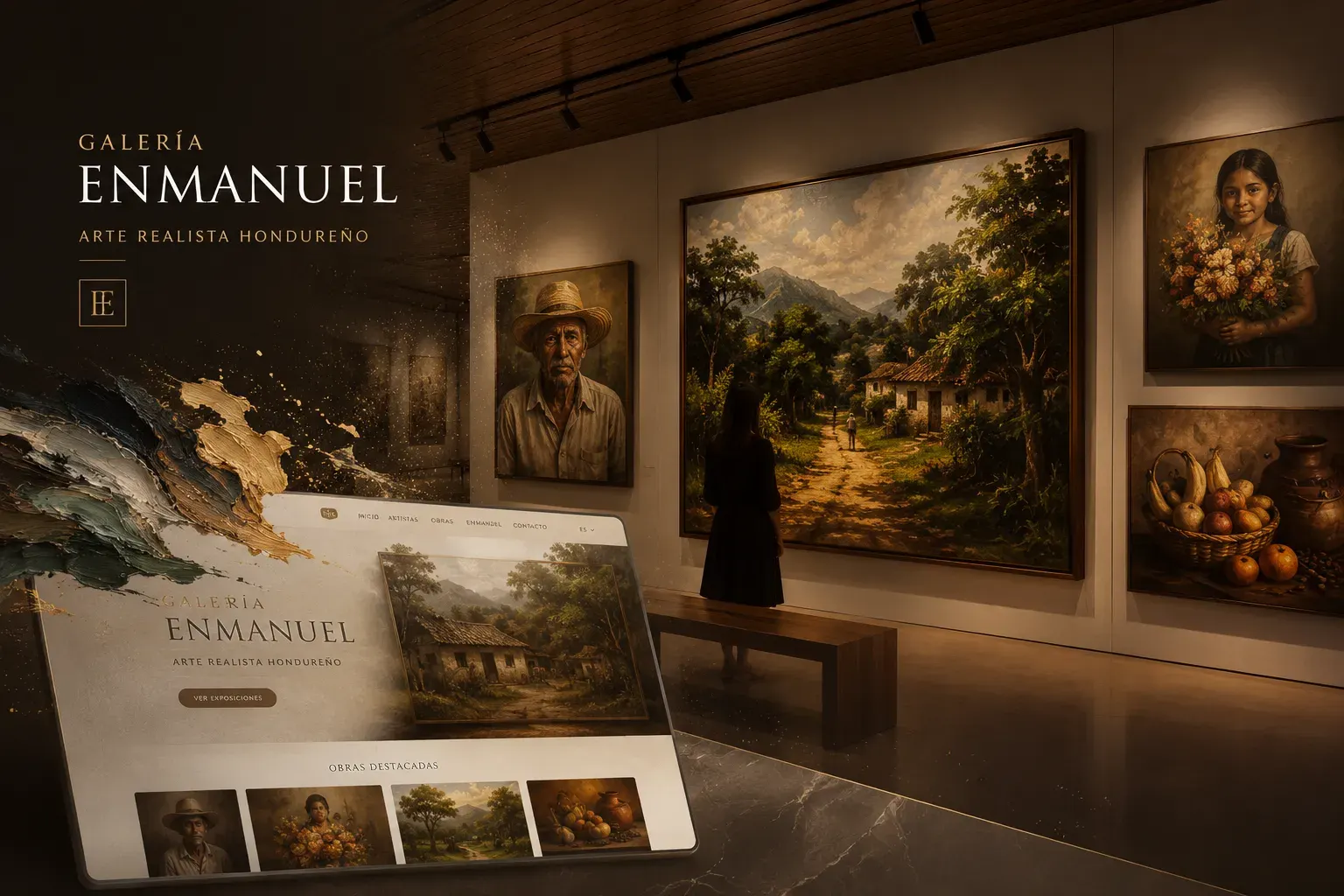 Sitio web a medida de la Galería Enmanuel Membreño en una tablet: catálogo de obras, artistas y exposiciones de arte realista hondureño.